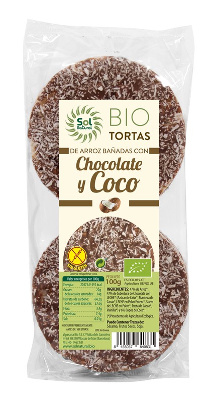 aperitivos y frutos secos TORTAS DE ARROZ CHOCOLATE Y COCO BIO 100 grs